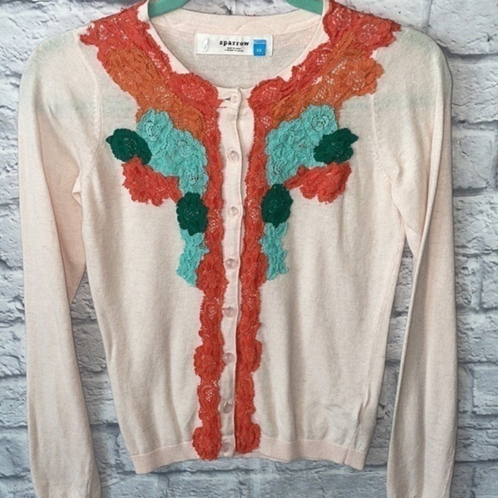 Anthropologie Sparrow Button Down Lace Cottagecore Grandmacore Cardigan Sweater